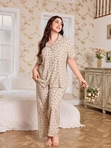 CottageSlumber Bộ đồ ngủ hở trước cổ xếp nếp họa tiết hoa cỡ lớn - Nhiều màu - Xem 6