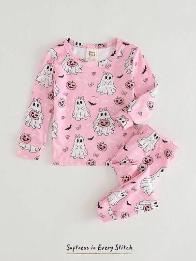 Cozy Pixies Conjunto de pijama ajustado con estampado de calabaza para bebé niña, top de manga larga y pantalones de punto suave, otoño