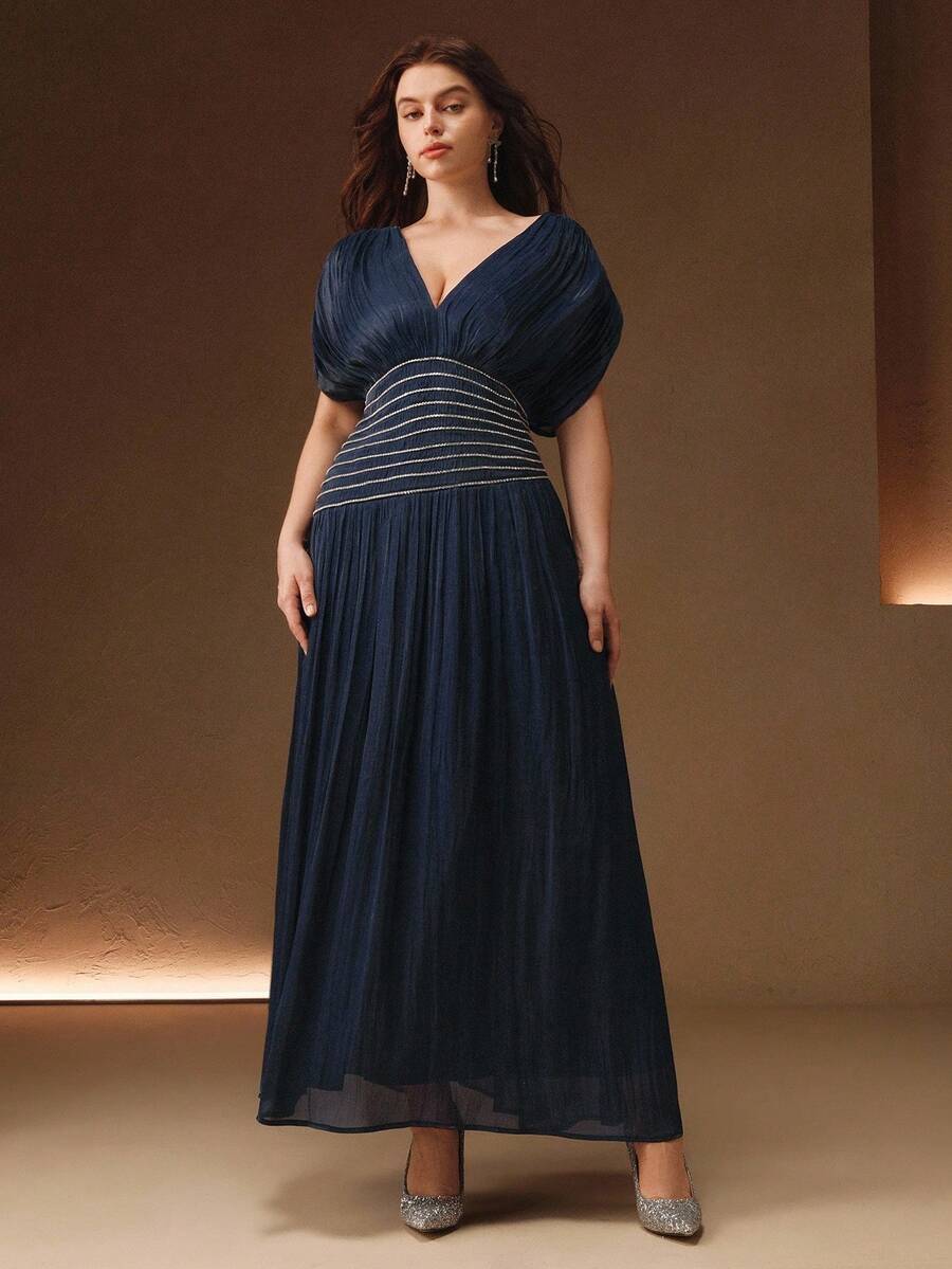 Anewsta Vestido Longo Mulheres Plus Size Decote em V Manga Curta com Contas, Corrente, Franzido na Cintura, Costas Abertas e Amarração, Elegante e Sofisticado, Adequado para Outono, Festas, Casamentos, Ano Novo