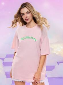 My Little Pony X SHEIN Women's Cute Pony Print Drop Shoulder Short Sleeve T-Shirt, Summer - Pink - View 5
