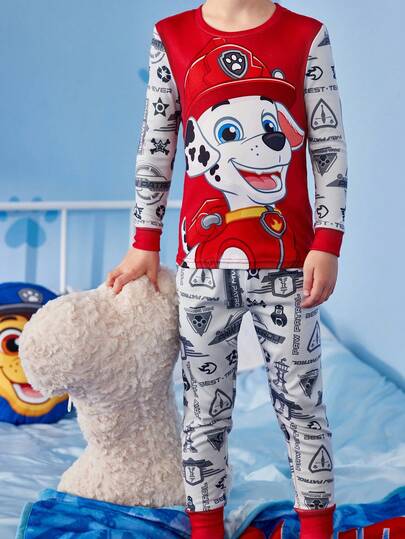 SHEIN | PAW Patrol 2 sztuki/zestaw dla młodej dziewczyny z nadrukiem w postaci szczeniaka z okrągłym dekoltem, długim rękawem, bluzką i spodniami, swobodny komplet piżamowy