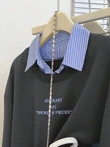 INAWLY 女式休闲条纹拼布标语刺绣运动衫，秋季 - 深灰色 - 查看 4