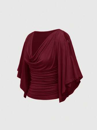 Hippie Camiseta de mujer con cuello de barco, cintura ceñida, mangas de murciélago, decoración de cuentas de madera y hombros descubiertos en estilo vintage y holgado