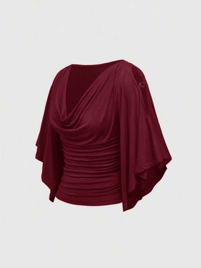 ROMWE Hippie Vintage Loose Cold Shoulder Wooden Bead Decor Scoop Neck Cinched Waist Batwing Sleeve Women T-Shirt