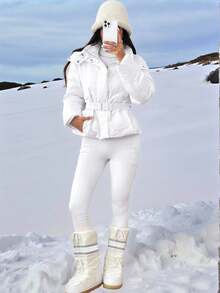 SHEIN PETITE Women's Outdoor Warm Long Sleeve Cinched Waist Winter Coats - White - View 4