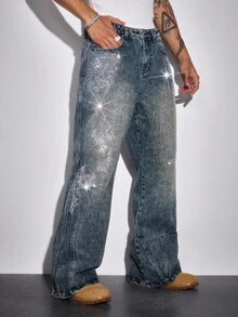 ROMWE MEN Street Life Men's Fashion Washed Distressed Rhinestone Embellished Jeans - Blue - View 7