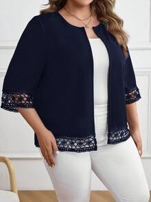 EMERY ROSE Plus Size Elegant Commuter Solid Color Lace Patchwork Blazer/Winter - Navy Blue - View 4