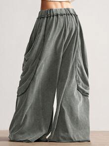 Bohemela 女式休闲纯色针织宽松洗水裤 - 軍綠色 - 查看 2