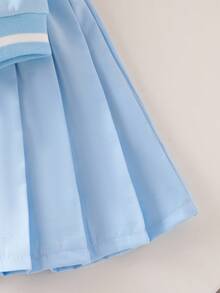 Genkimix Kids Young Girl Letter & Cartoon Print Long Sleeve Baseball Collar Jacket And Pleated Mini Skirt Set, Collegiate Style, Autumn Fall Winter - Blue - View 6