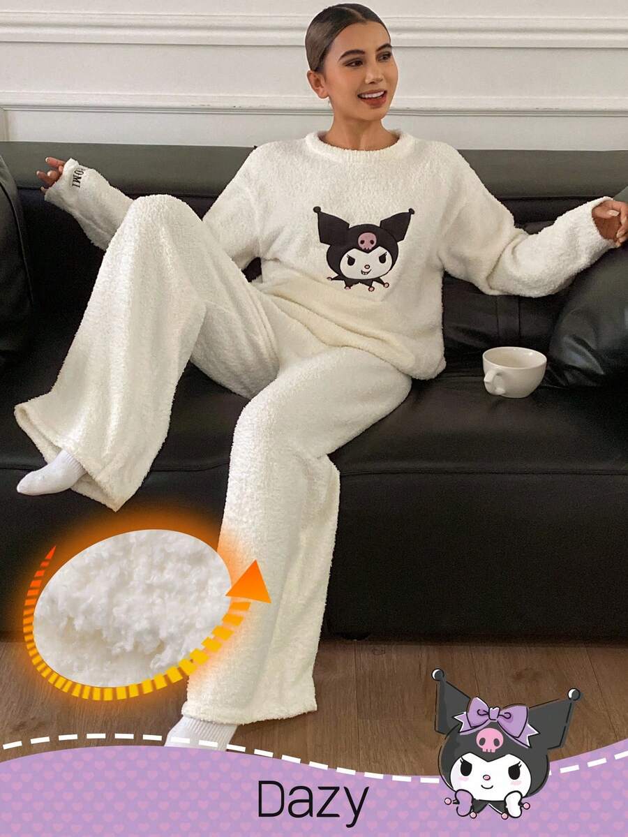 DAZY HELLO KITTY AND FRIENDS | SHEIN Women's Cute Cartoon Pattern Letter Embroidered Teddy Fleece Warm Pajama Set, Winter, Fall Clothes - White - View 1