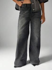 MISSGUIDED Cotton Wide Leg High Rise Jeans With Flared Bottom Classic Y2K Style Baggy Denim Pants For Fall Winter Casual Streetwear - Grey - View 1