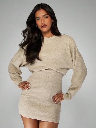 MISSGUIDED Long Sleeve Knitted Mini Dress Elegant Ribbed Sweater Dress Winter Layering Fall Party Club Night Out Modern Fashion,M