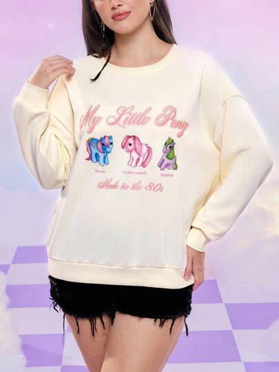 My Little Pony X SHEIN Plus Size Women Casual Cute Cartoon Unicorn & Letter Print Dropped Shoulder Loose Pullover Sweatshirt, Spring/Autumn Cute Sweatshirt Kawaii Clothes Women Sweatshirts Graphic Sweatshirts