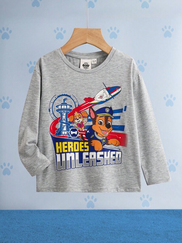 SHEIN | PAW Patrol Koszulka z dzianiny w słodkim, kreskówkowym wzorze dla chłopców, okrągły dekolt, obniżone ramiona, długi rękaw, luźny T-shirt