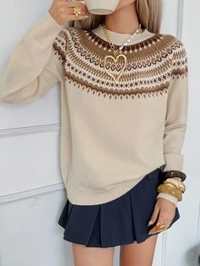 DAZY Áo len họa tiết hoa phối màu đơn giản dành cho nữ, mùa thu, năm mới, giáng sinh - Màu be - Xem 5