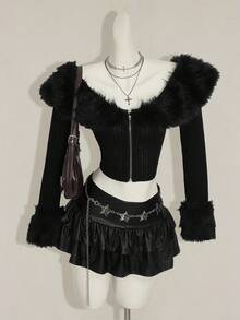 SHEIN ICON 女士波点仿皮草拼布休闲夹克，秋冬 - 彩色 - 查看 4