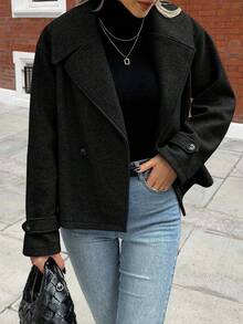 SHEIN PETITE Casual Solid Color Long Sleeve Cropped Jacket For Women - Black - View 4