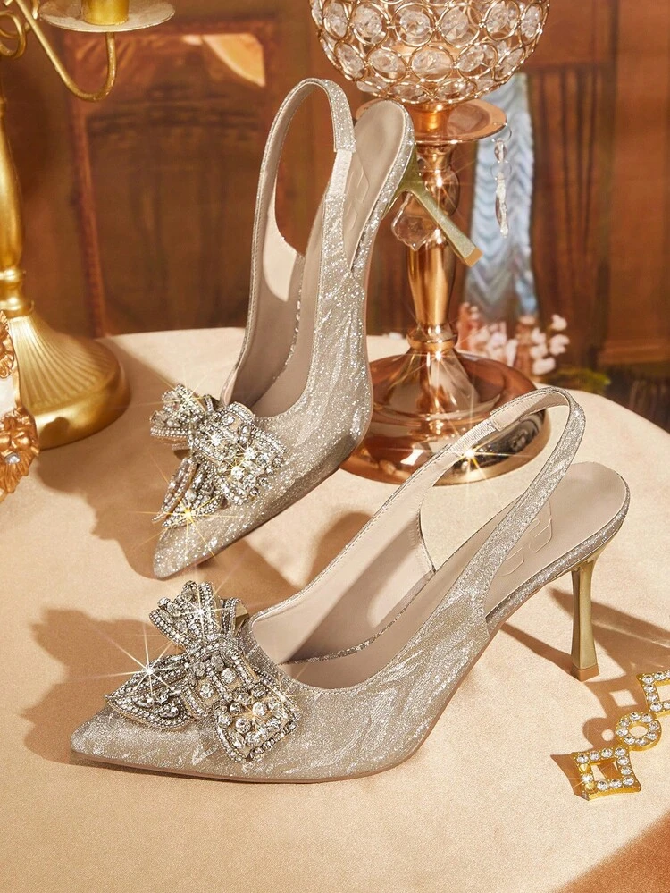 CUCCOO TILAWA Women's Fashion Pointed Toe Backless Strap Glitter Material Rhinestone Butterfly Sexy Evening Party Wedding Stiletto High Heel Pumps For Christmas