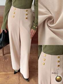 Elyressa 女式休闲双排扣装饰宽松裤 - 杏色 - 查看 7