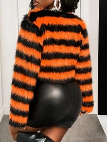 BamGleam Chaqueta corta de mujer con cuello de pelo sintético, de manga larga y abertura frontal, a rayas, para invierno - Multicolor - Ver 2
