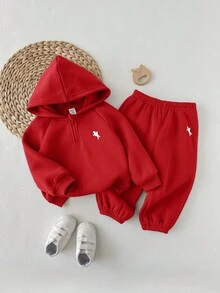 男婴休闲可爱百搭蓝色针织连帽衫和松紧腰裤套装 - 紅色 - 查看 7
