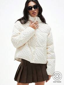 GENKIRA 奶白色撞色黑白波点立领休闲宽松百搭女士棉服外套 - 米色 - 查看 1