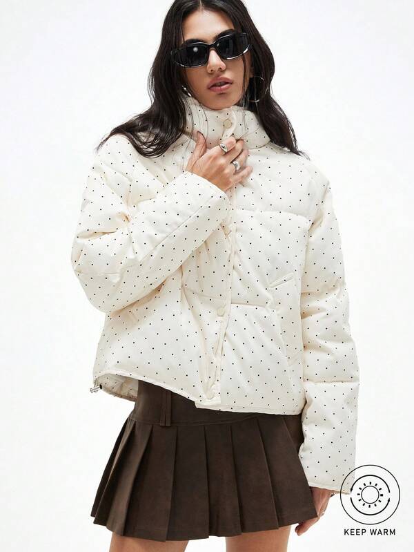 Aveloria Affinna Milk White Contrast Black & White Polka Dot Stand Collar Casual Loose Versatile Padded Coat For Women