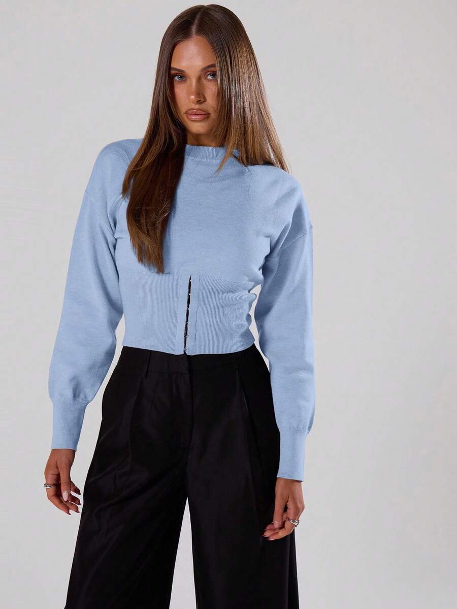 MUSERA 柔软针织收腰套头衫，春季Y2K 90年代休闲可爱基础款，适合假日、机场、夜间外出、冬季日常、晚宴、派对等场合，优雅毛衣，春季必备 - 淺藍色 - 查看 1