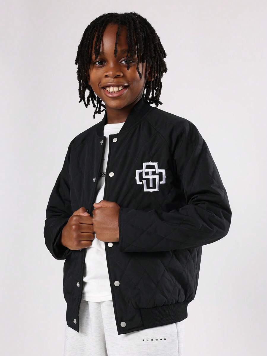 SUMWON Quilted Bomber Jacket Winter Kids Varsity Style Outerwear With Monogram Logo Classic Hip Length Fashion Youth Streetwear Snap Button Closure - Black - View 1