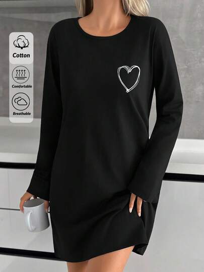 SHEIN Cotton PETITE SIZE Black Soft & Skin-Friendly Heart Print Round Neck Long SleeveNightgown For Ladies