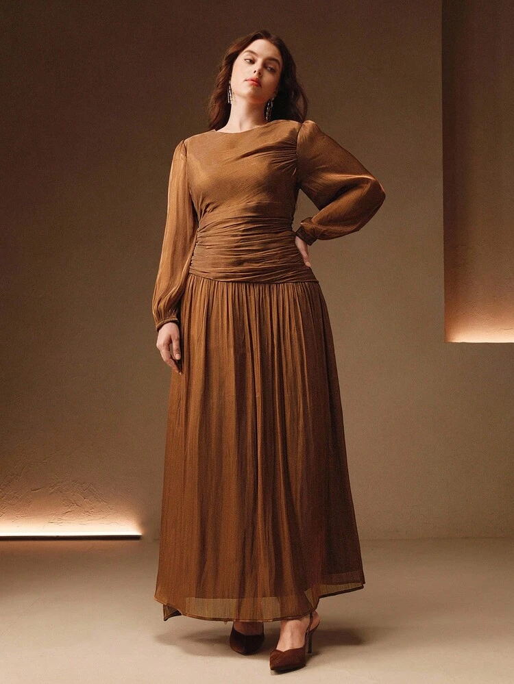 Plus Size Women's Olive Green Shiny Long Dress, Round Neck With Waist Ruching, Puff Sleeves, Elegant & Versatile For Fall, Autumn, Party, Christmas, New Year, Wedding