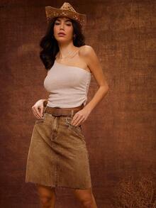 WESTFADE Minifalda vaquera de tiro alto con 4 bolsillos y costuras occidentales en línea A