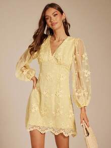Enchnt Fall/Winter Romantic Women's Yellow 3D Floral Embroidery V-Neck Long Lantern Sleeves Mini Dress - Yellow - View 1