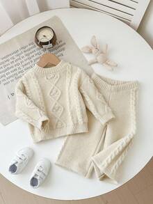 SHEIN 女宝宝秋季麻花圆领长袖毛衣和针织裤休闲套装
