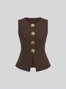 Sweetra 女士夏季服装 - 金色纽扣无袖上衣和飘逸阔腿裤，百搭 - 咖啡棕 - 查看 3