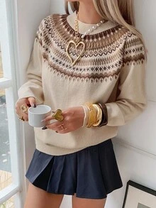 DAZY Áo len họa tiết hoa phối màu đơn giản dành cho nữ, mùa thu, năm mới, giáng sinh - Màu be - Xem 1