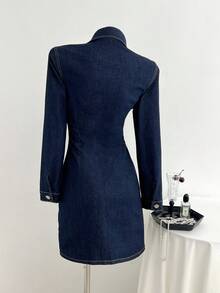 Elamini Women's Casual Commuter Front Button Denim Dress
