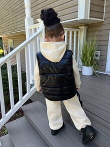 SHEIN 年轻女孩可爱休闲连帽运动衫和羊毛背心两件套，适合秋冬季 - 黑色 - 查看 2