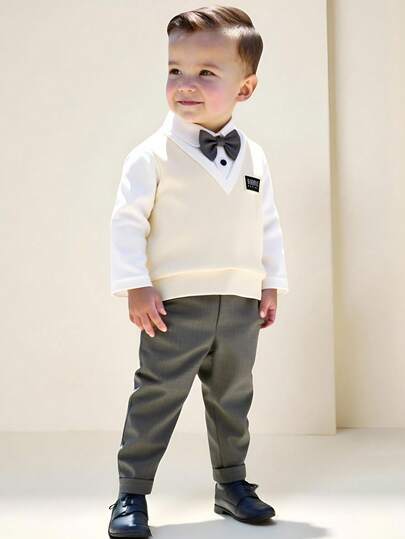 两件套男宝宝可爱学院风绅士风二合一撞色针织长袖POLO衫（带蝴蝶结）+休闲纯色弹力腰裤套装，适合春秋季、生日派对、婚礼、洗礼、周岁生日、秋冬季日常穿着。