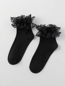ROMWE Kawaii Women's Fashionable Mid-Calf Socks With Hollow Ruffled Design - Pure black - View 3
