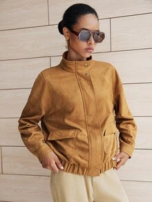 SHEIN LUNE 女士优雅立领抽绳下摆外套 棕色 - 棕色 - 查看 6