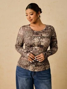 SHEIN VCAY Plus Size Women Casual Bohemian Paisley Print Round Neck Long Sleeve Pullover T-Shirt, Versatile For Holiday & Daily Wear, Autumn/Winter