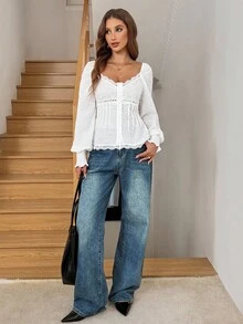 Easowa 女士优雅蕾丝拼接纽扣前褶裥吊带背心，刺绣提花面料，休闲度假装，夏季海滩装，连体衣上衣，商务休闲装，生日派对装，户外装，办公室装，海滩度假装，纽扣衬衫，可爱夏季上衣，度假装镂空衬衫，白色衬衫，优雅蕾丝衬衫，白色波西米亚风上衣，秋季女装，新年毕业季优雅女式衬衫，别致白色上衣，长袖女式上衣，白色长袖上衣 - 白色 - 查看 5