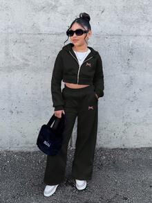 SHEIN Tween Girl Nova Glow Tween Girl 时尚舒适派对街头纯色针织连帽卫衣宽松套装 - 黑色 - 查看 3