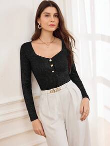 Miaspire Elegant Fitted Women's Top, Autumn/Winter Metallic Accent Elegant T-Shirt, Silky Fabric Versatile Black Knit Sweater, Elegant Base Layer - Black - View 8