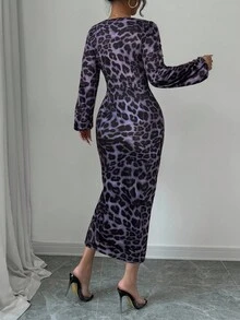 Elenzga Deep V-Neck Ruched Long Sleeve Elastic Cuff Split Hem Bodycon Dress Maxi Women Outfit - Dark Grey - View 2