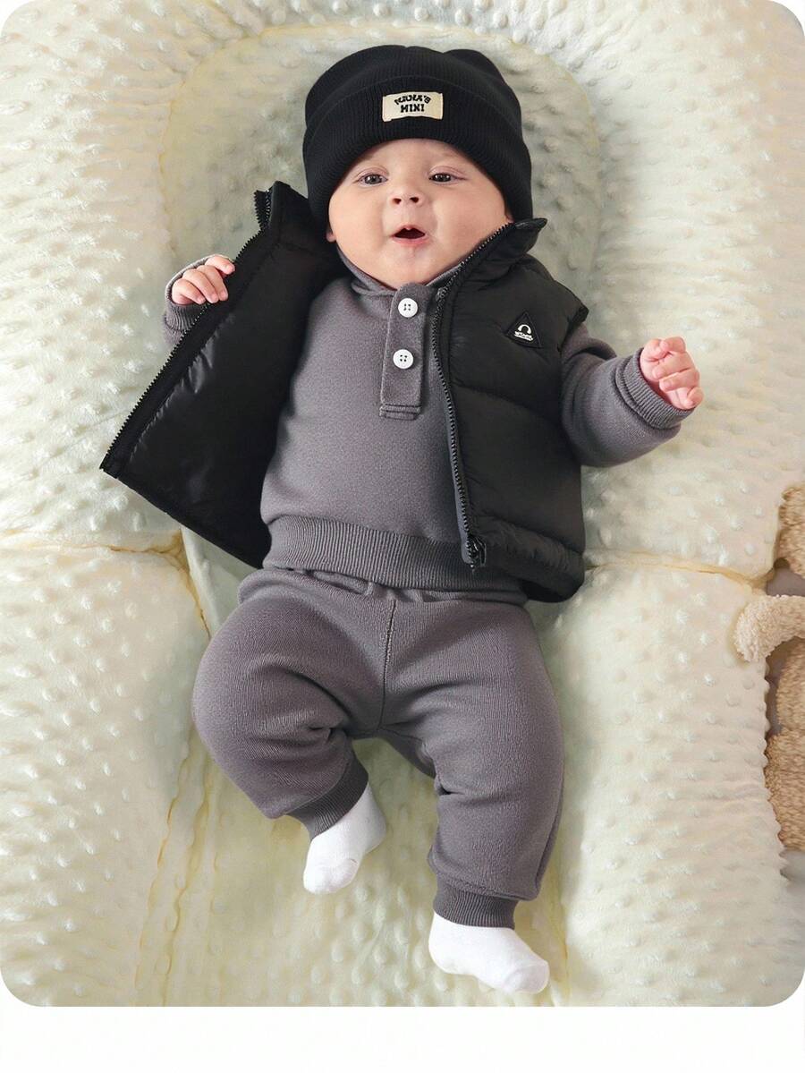 SHEIN 新生儿男女通用三件套：连帽长袖半开前套头衫、裤子和无袖背心 - 彩色 - 查看 1