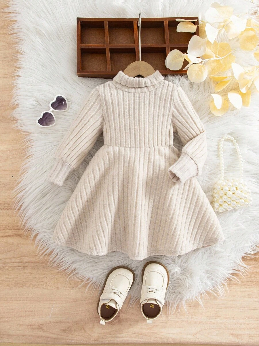 Babygirl 秋冬可爱针织弹力杏色高领长袖连衣裙 - 杏色 - 查看 1