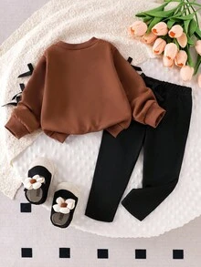 2 件套女婴休闲蝴蝶结印花长袖运动衫和针织打底裤套装，可爱又时尚，适合秋季 - 棕色 - 查看 2