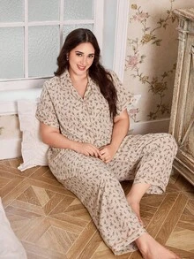 CottageSlumber Bộ đồ ngủ hở trước cổ xếp nếp họa tiết hoa cỡ lớn - Nhiều màu - Xem 3